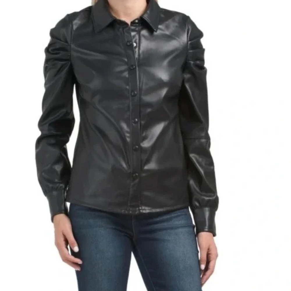 7 FOR ALL MANKIND Black Faux Leather Puff Sleeve Top Size S